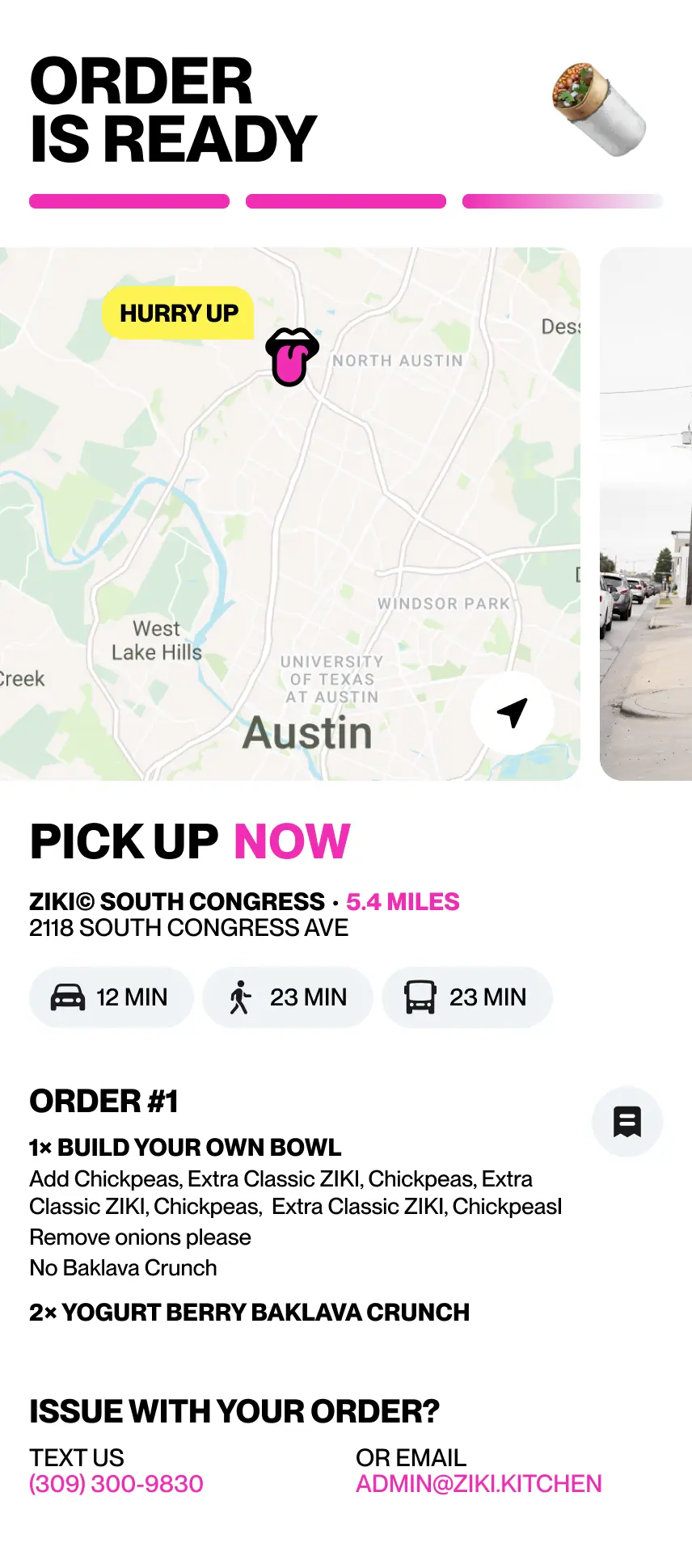 A screenshot of the ZIKI user app showing the order screen